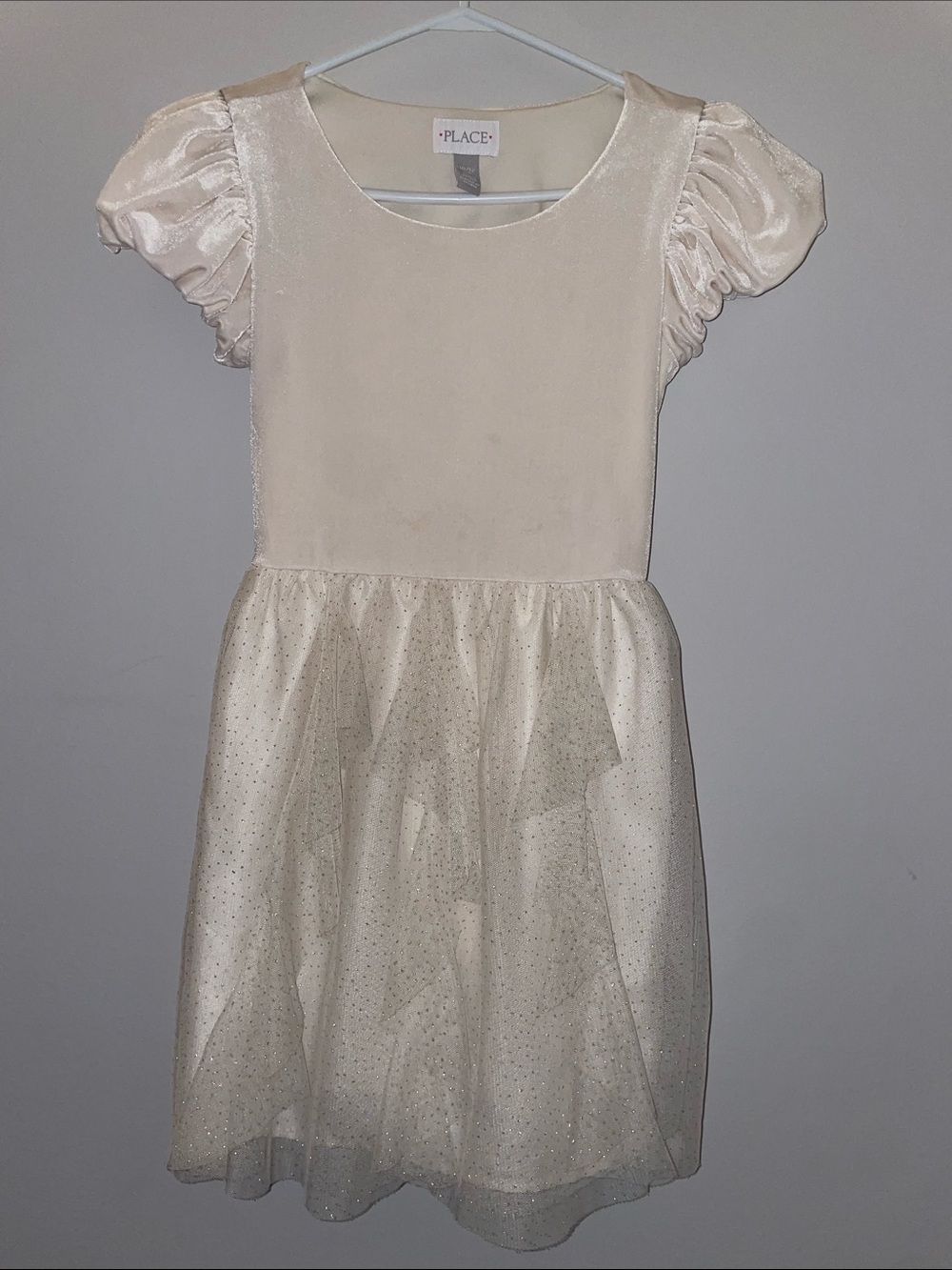 Girls Ivory Sparkle Velvet Puff Sleeve Holiday Dress